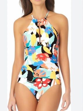 Anne Cole Black Multicolor Floral Halter One-Piece